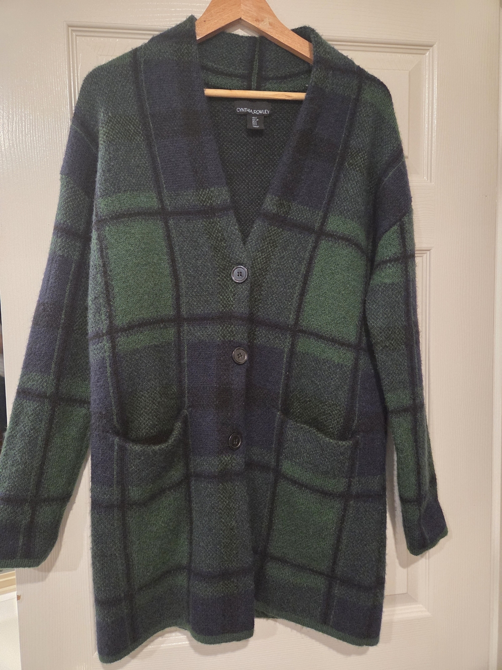 Cynthia Rowley Green Navy Plaid Wool Blend Sweater Coat Cardigan S
